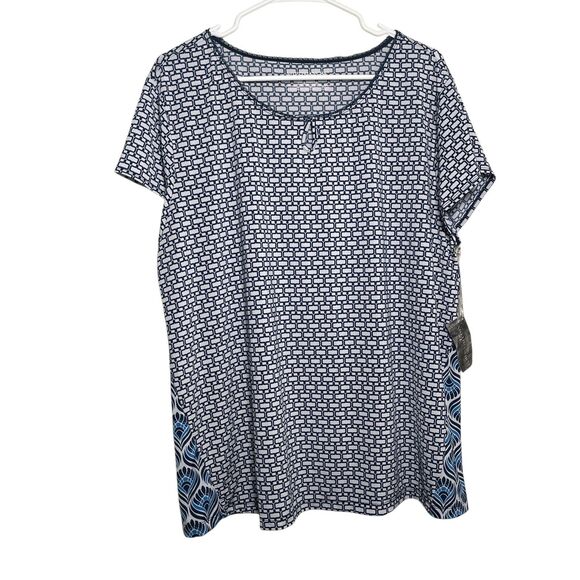 Nottibianche Blouse Women's XL Blue Printed Short Sleeve Keyhole Shirt Top NWT - Picture 1 of 10